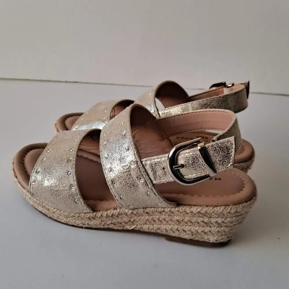 Marc Fisher Marrel Shimmer Strappy Espadrille Wedge Sandals Gold Girls Size 2
